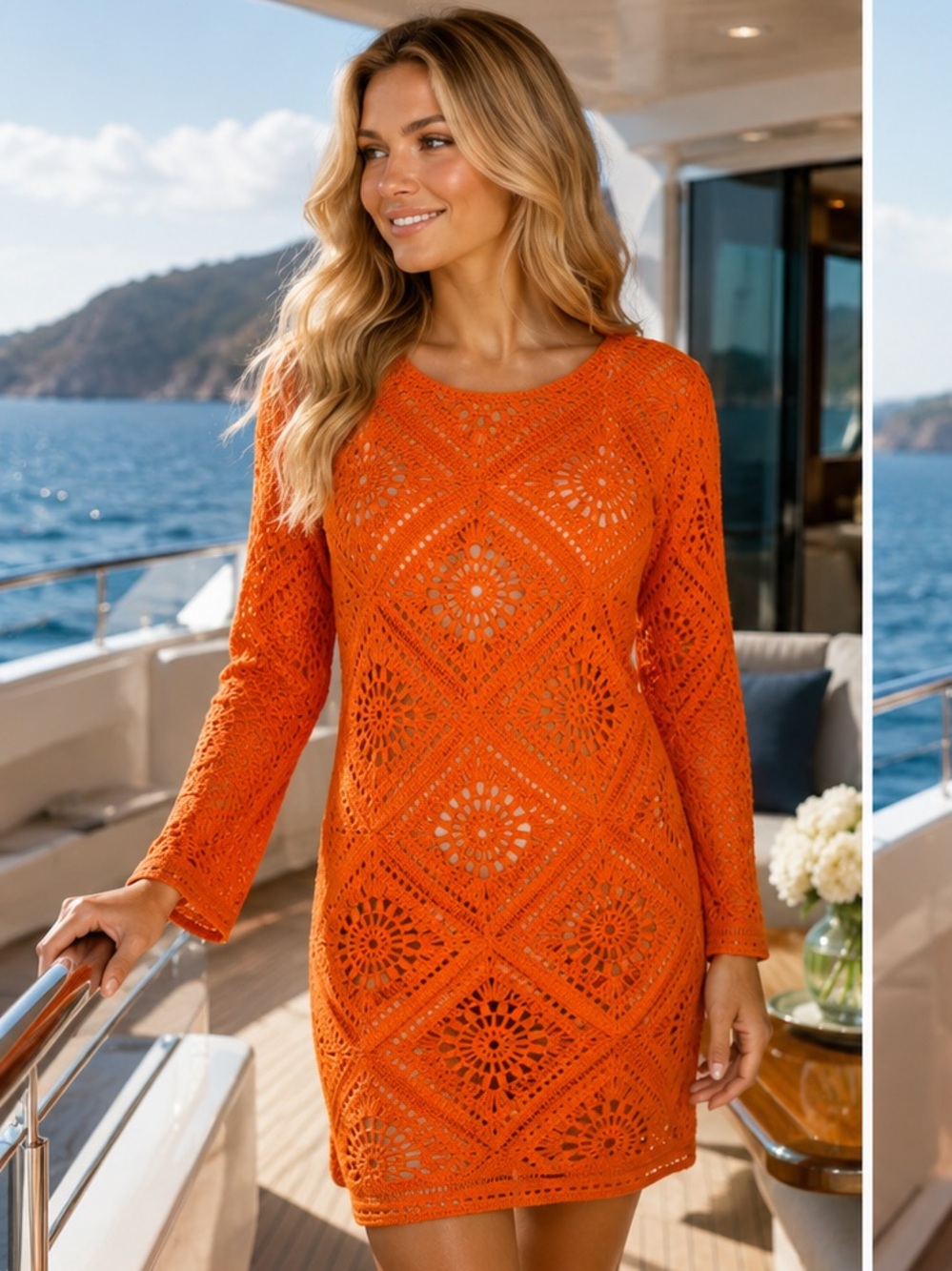 JOIE VIBRANT ORANGE OPEN WEAVE CROCHET DRESS SWIM COVERUP SWEATER TUNIC …